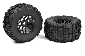 Team Corally Off-Road 1/8 Monster Truck Tires Mudhawgs Glued on Black Rims - (2)